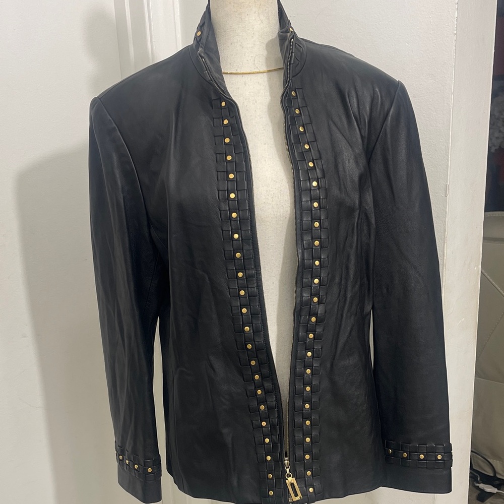 Black ST JOHN SPORT Leather Jacket with Gold Accents - Picture 2 of 9